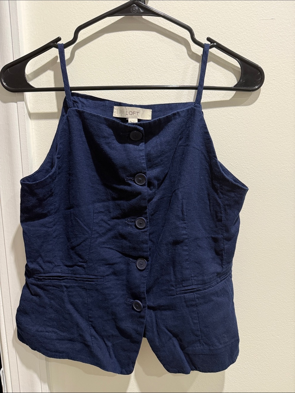 LOFT Navy linen Button-Front Spaghetti Strap Cami